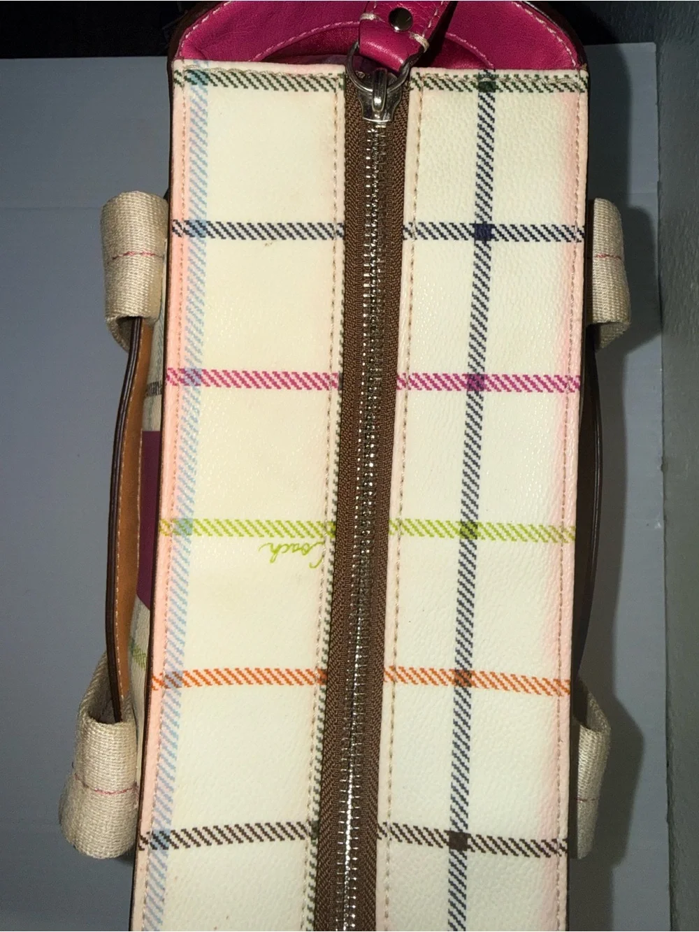 Coach White Plaid Canvas Tote with Pink Center Stripe